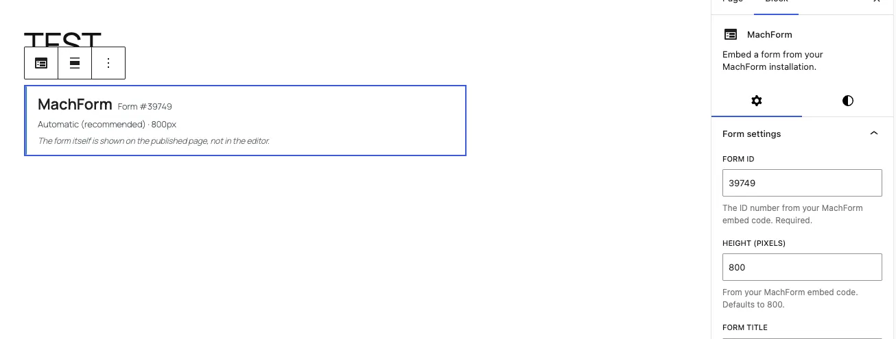 The MachForm block selected in the WordPress block editor, with the block sidebar open on the form ID and height fields