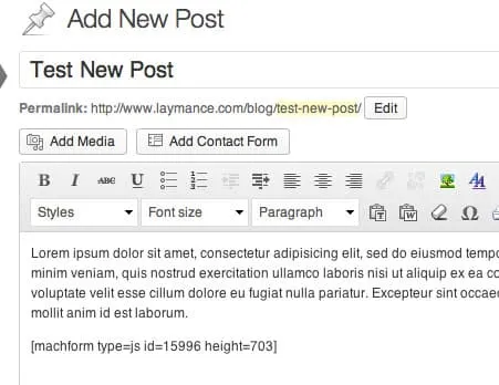 A WordPress post containing the machform shortcode
